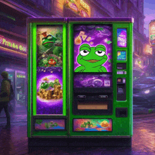 a green vending machine with frogs on the front