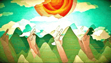 a painting of a mountain range with a sun shining through the clouds