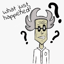 a cartoon of a man with glasses and a question mark asking what just happened