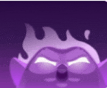 a purple cartoon character with flames coming out of its eyes .