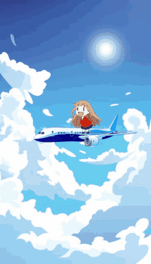 a cartoon drawing of a girl flying on a blue airplane