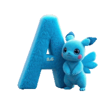 a blue letter a with a blue stuffed animal on it