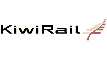 a logo for kiwi rail with a red and yellow arrow