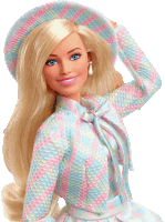 a barbie doll wearing a pink and blue plaid dress and hat