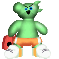 a green teddy bear is holding a red bag