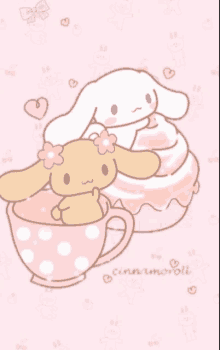 a cartoon drawing of cinnamoroll and a cup of tea