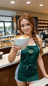 a woman in an apron holds a cup of coffee