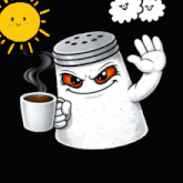 a cartoon salt shaker is holding a cup of coffee and waving