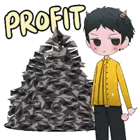 a boy with horns is standing in front of a pile of rocks with the word profit written on it