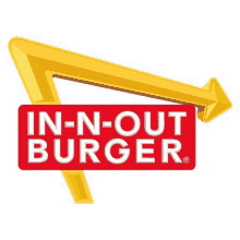 the in-n-out burger logo is a red and yellow sign with an arrow pointing to the right .