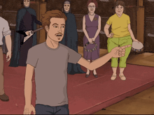a cartoon of a man holding a tambourine in front of a group of people with the word kramer on the wall