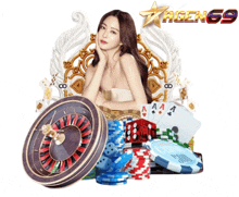 a woman sitting on a throne surrounded by poker chips and dice