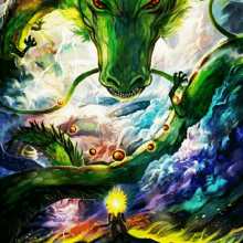 a colorful painting of a green dragon with a yellow light in the middle