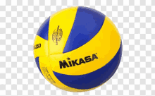 a yellow and blue mikasa volleyball is on a checkered background