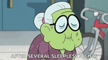 a cartoon character with glasses and the words after several sleepless nights below her