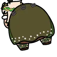 a cartoon drawing of a person wearing a green cape with the letter x on it