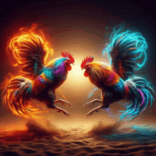 two colorful roosters are standing next to each other in the desert