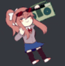 a cartoon of a girl holding a boombox on her head .