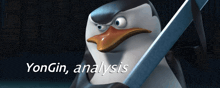 a penguin is holding a knife and the words yongin analysis are below it