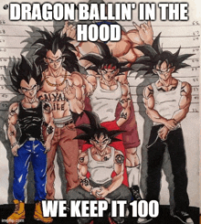 a drawing of dragon ball characters with the caption " dragon ballin ' in the hood "