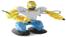 a homer simpson toy with a banana in his hand is standing on a white surface .