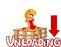 a woman in a red dress is sitting on a pallet with the word unloading below her