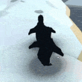 a silhouette of a penguin is flying over a snowy surface in a video game .