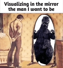 a man looking at himself in a mirror with a picture of a monster in it