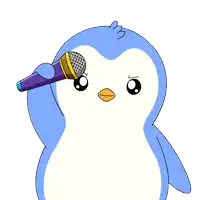 a blue and white penguin holding a microphone