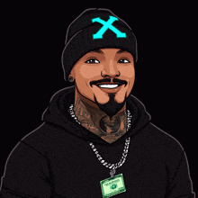 a cartoon drawing of a man wearing a beanie with a blue x on it and a dollar bill around his neck