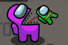 a purple among us character is biting a green character