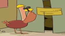 a cartoon turkey wearing a hard hat is holding a hammer in its beak