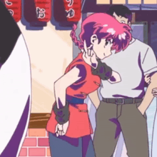 a girl with pink hair is standing next to a man in a white shirt