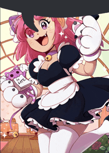 a maid holding a stuffed animal that says latte