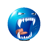 a blue ball with fangs and a tongue sticking out of it