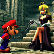 princess peach is sitting on a set of stairs while mario is chained to her
