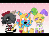 three cartoon characters are standing next to each other with hearts in the background