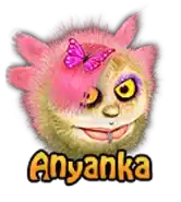 a furry monster with a pink butterfly on its head and the name anyanka