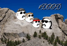 a drawing of a group of men standing on top of a mountain with the words $ doo d written above them