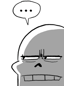 a black and white drawing of a man 's face with a speech bubble above it