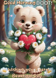 a teddy bear holding a bouquet of flowers and a heart that says " i love you "