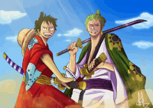 monkey d luffy and roronoa zoro are standing next to each other holding swords