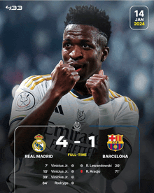 a poster of a soccer game between real madrid and barcelona on january 14th