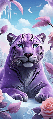 a purple tiger with blue eyes is surrounded by flowers