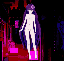 a girl with purple hair and a flower in her hair is standing on a pink platform