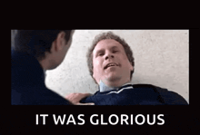a man is laying on the floor with a man standing next to him and a caption that says `` it was glorious '' .