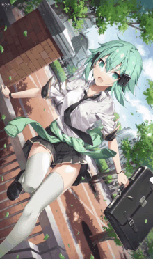 a girl with green hair and white thigh high socks is running with a briefcase