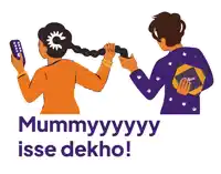 a cartoon of a woman braiding another woman 's hair and the words mummyyyy isse dekho