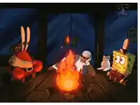a group of cartoon characters including spongebob and krabby krab are sitting around a fire