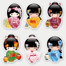 a set of six stickers of geisha dolls in different kimonos